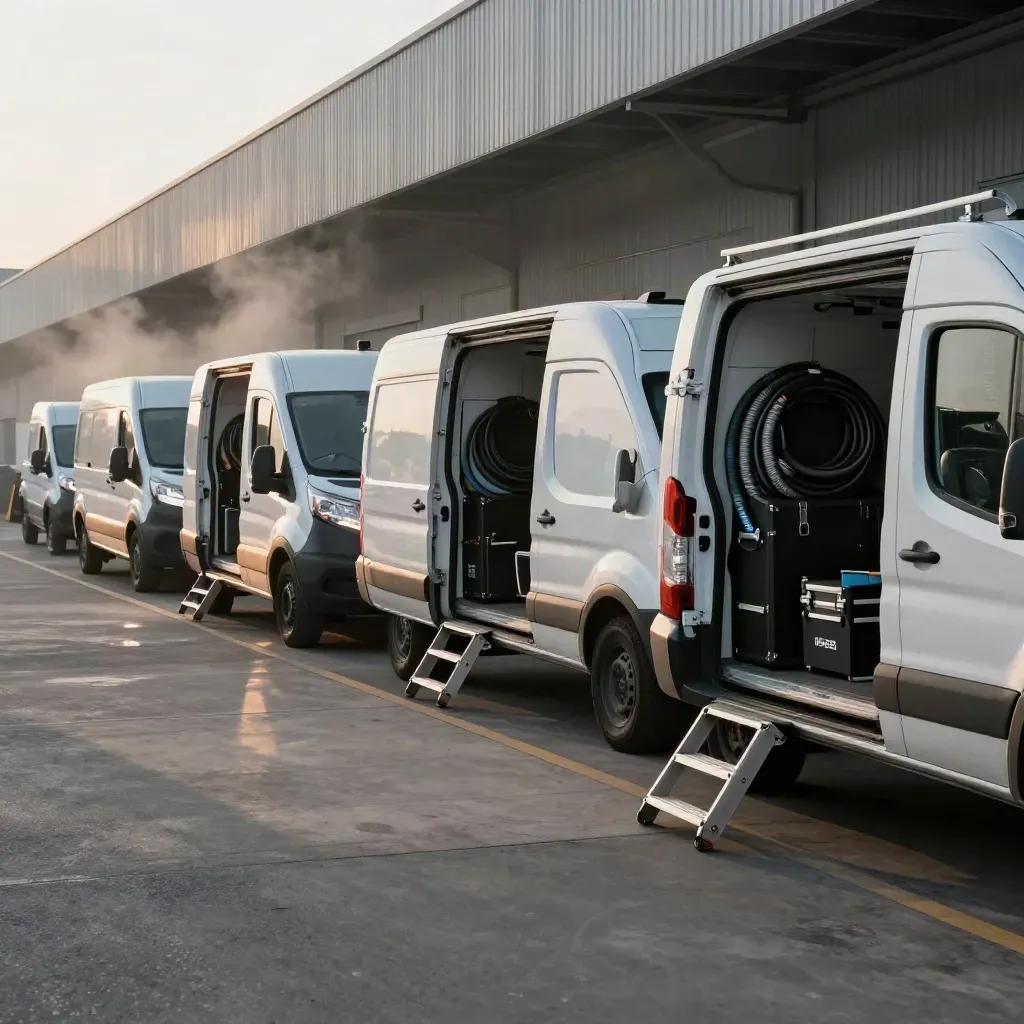 White HVAC vans lined up at a warehouse dock in dawn haze