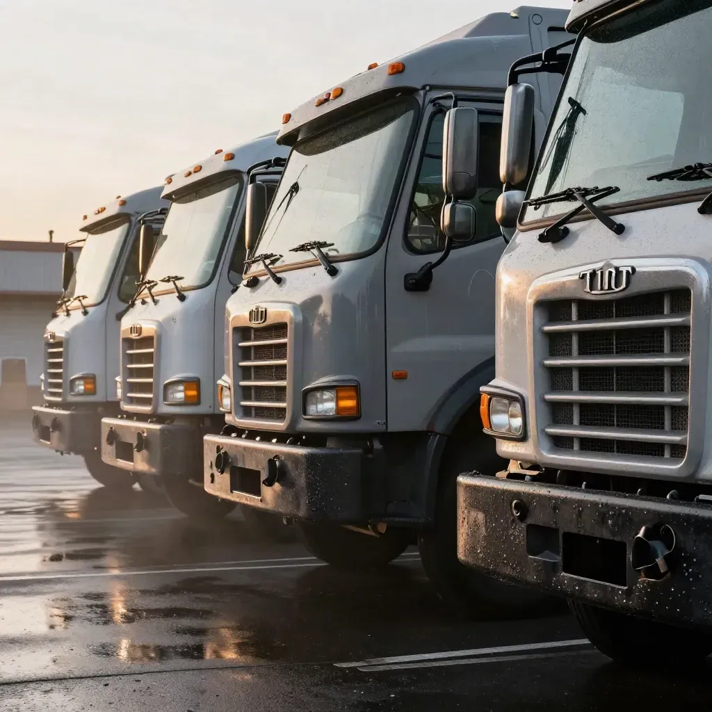Three refuse trucks nose-out on a misty Toronto depot lot at dawn