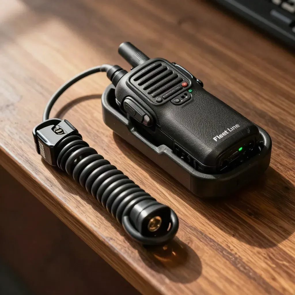 Top-down macro of a charging two-way radio kit on a walnut service counter.