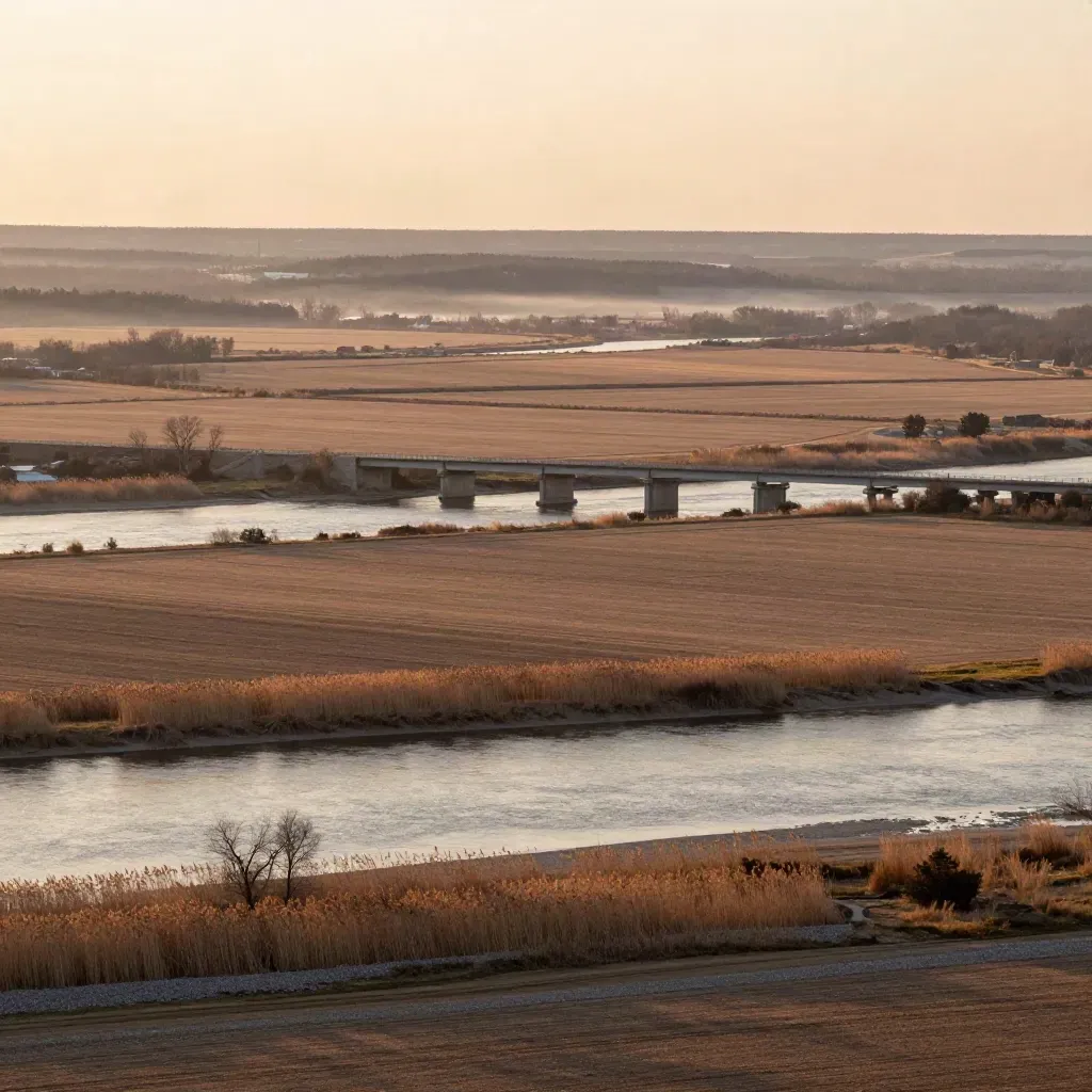Grand River valley with bridges, fields, and hazy evening light