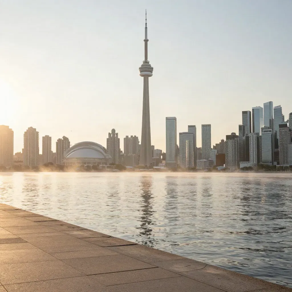 Toronto skyline with CN Tower above a hazy calm lake at sunrise