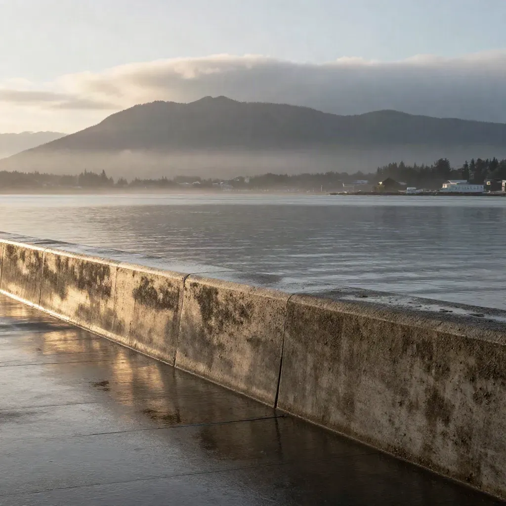 Rain-darkened seawall by a misty Metro Vancouver inlet with the North Shore mountains above